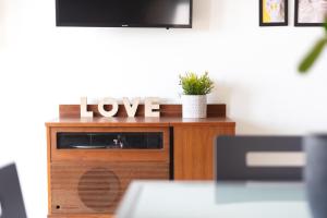 a tv sitting on top of a table with a plant at One Suite in Ascea