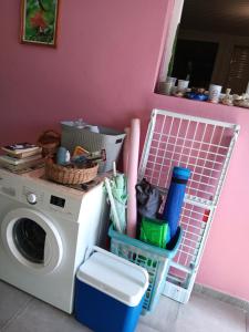 a laundry room with a washing machine and a pink wall at Sous le manguier in Sainte-Anne