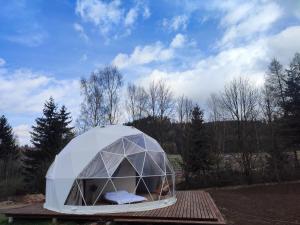 une tente en forme de dôme avec une personne à l'intérieur dans l'établissement Forrest Glamp, à Mieroszów