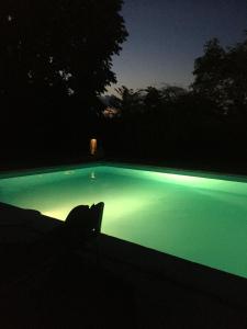 una piscina con iluminación verde por la noche en Domaine de la Rose, en Vaudelnay