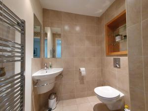 uma casa de banho com um WC e um lavatório em THE PENTHOUSE AT REGENT HOUSE Light and airy top floor with lift access 1 bedroom en-suite luxury apartment ULTRA CENTRAL LOCATION em Harrogate