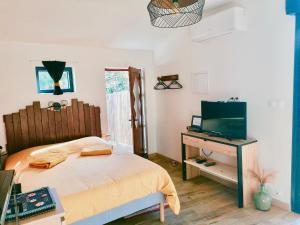 um quarto com uma cama e uma televisão numa mesa em Le cocon Cévenol em Anduze