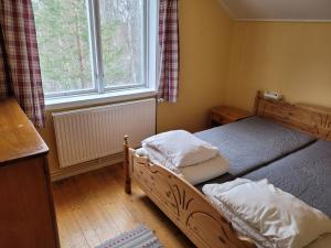 1 dormitorio con 2 camas individuales y ventana en Tyforsgården, en Mjölnartorpet