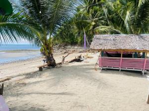 a hut on a beach with a palm tree and the ocean at Northern Prince Beach Resort in General Santos