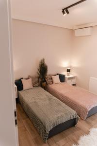 sypialnia z 2 łóżkami i rośliną w obiekcie Apartament Rozmarynowa Residence 8 Opole w mieście Opole