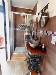 La salle de bains est pourvue d'un lavabo et d'une douche. dans l'établissement Le cocon Cévenol, à Anduze
