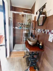 a bathroom with a sink and a shower at Le cocon Cévenol in Anduze