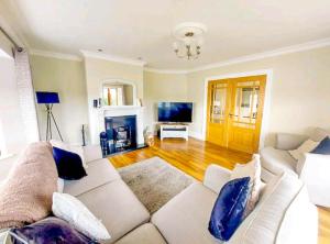 a living room with a white couch and blue pillows at An Ghlaise Bheag in Kilmore