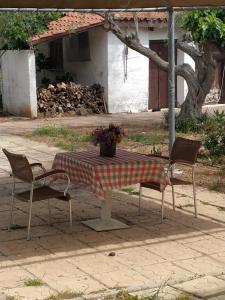 a table with two chairs and a vase on it at Villa Despina in Saint Minas