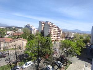 een stad met auto's geparkeerd op een parkeerplaats bij Apartment Clock Tower in Podgorica