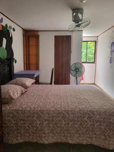 a bedroom with a bed and a window and a fan at Downtown Montezuma Hostel in Montezuma