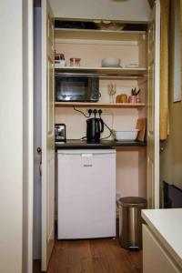 a small kitchen with a stove and a microwave at Southdene Studio in Lincoln