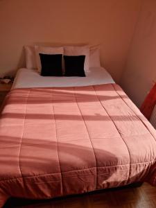 a large bed with a pink comforter and black pillows at La casa de los viajeros in Vevey