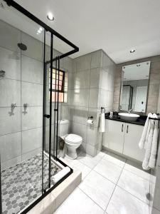 a bathroom with a shower and a toilet and a sink at La Place 56 in Pretoria