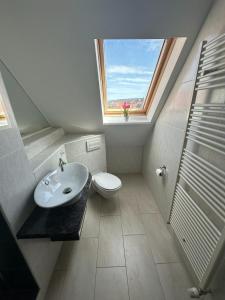 a bathroom with a sink and a toilet and a window at 2,5 Raum Ferienwohnung möbliert Dachgeschoss Niederorschel in Niederorschel