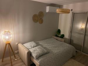 1 dormitorio con 1 cama y 1 lámpara en Appartement à Villenave d'Ornon avec jardin fraîchement rénové en Le Brucat