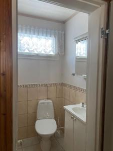 La salle de bains est pourvue de toilettes, d'un lavabo et d'une fenêtre. dans l'établissement Omakotitalo Simojärvellä, à Ranua
