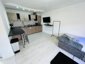 een woonkamer met een bank en een keuken bij The Studio Serviced Apartment By AltoLuxoExperience Short Lets & Serviced Accommodation With Free Wifi in Bristol