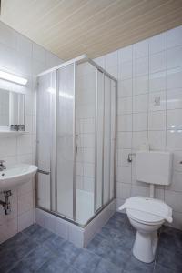 a bathroom with a shower and a toilet and a sink at Pension Eschenhof in Kaprun