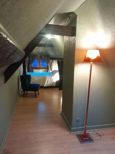 a room with a room with a bed and a lamp at Gîte Boniface pour 2 pers in Bergheim