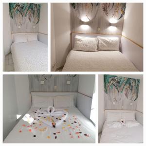 three pictures of a bed with confetti on it at Le Hameau Cap Estérel in Valescure