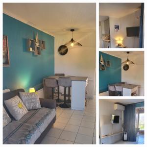 a living room and a kitchen with a couch and a table at Le Hameau Cap Estérel in Valescure