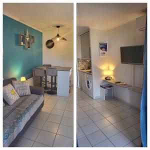 two pictures of a living room and a kitchen with a couch at Le Hameau Cap Estérel in Valescure +21 photos