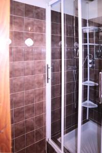 a bathroom with a shower with brown tiles at Résidence Le Meale - 3 Pièces pour 6 Personnes 241 in Les Orres