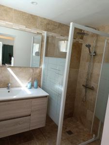 uma casa de banho com um lavatório e um chuveiro em Parenthèse provençale em Graveson