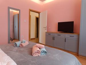 1 dormitorio con 1 cama con paredes de color rosa y TV de pantalla plana en Kuća za odmor DESA, 