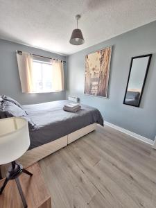 a bedroom with a bed and two windows at Cozy apartment next to Dublin Castle in Dublin