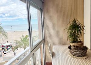 a room with a window with a plant and a beach at ACOGEDOR PISO EN CULLERA JUNTO AL MAR in Cullera