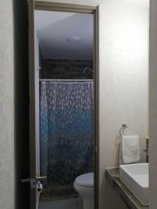ein Bad mit einer Dusche, einem WC und einem Waschbecken in der Unterkunft Hermosa casa espaciosa y cómoda. Alberca en fracc. in Balvanera