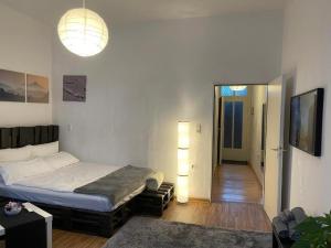 ein Schlafzimmer mit Bett und ein Wohnzimmer in der Unterkunft Trier City Center Apartments Altstadt in Trier