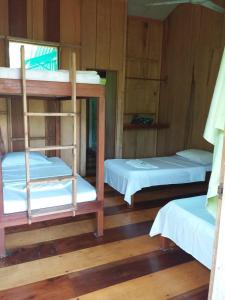 Siquirres的住宿－ESMERALDA LODGE，带木墙的客房内的三张双层床