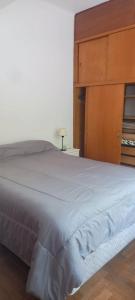 1 dormitorio con 1 cama grande y armario de madera en Departamento 4 personas Colon 2900 en Mar del Plata