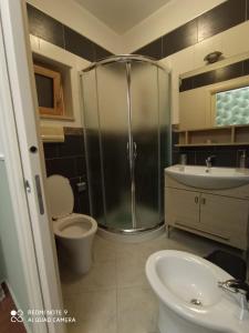 a bathroom with a shower and a toilet and a sink at B&B Il Viaggiatore in Diamante +45 photos