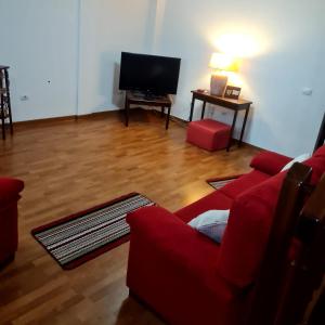a living room with a red couch and a television at Mgrahamhouse in Tacoronte