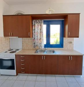 a kitchen with a sink and a stove and a window at Melissa Apartments in Frangokastello
