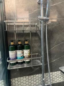 ein Regal in einem Badezimmer mit vier Flaschen darauf in der Unterkunft American Standard/2Bedroom House in Cagayan de Oro