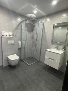 a bathroom with a shower and a toilet and a sink at China Town Hotel in Belgrade