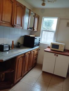 eine Küche mit Holzschränken und einer Mikrowelle auf der Theke in der Unterkunft Casa 3 dormitorios 3 baños Osorno in Osorno