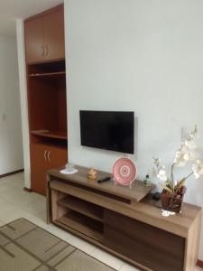 a living room with a television on a table at Pérola de águas de Lindóia in Águas de Lindóia