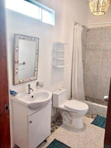 uma casa de banho com um WC, um lavatório e um espelho. em Casuarinas del Mar Habitacion Playa em Canoas de Punta Sal