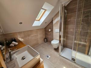 a bathroom with a shower and a sink and a toilet at Apartments Woodnotes in Ličko Petrovo Selo