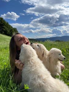 una mujer acostada en un campo con tres perros en Salmsein Biohof en Fiè