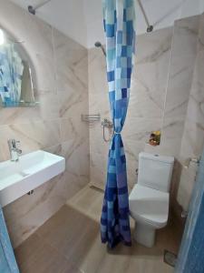 a bathroom with a sink and a toilet and a shower curtain at Gongis Studios in Agios Georgios