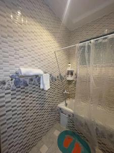 uma pequena casa de banho com um chuveiro e um lavatório. em Amazing Grace Apartment em Cape Coast