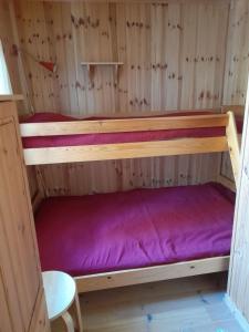 a bunk bed in a cabin with a purple mattress at Letten in Brograngen