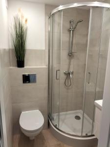 a bathroom with a shower and a toilet at Pokoje i apartamenty Mak in Łeba +66 photos